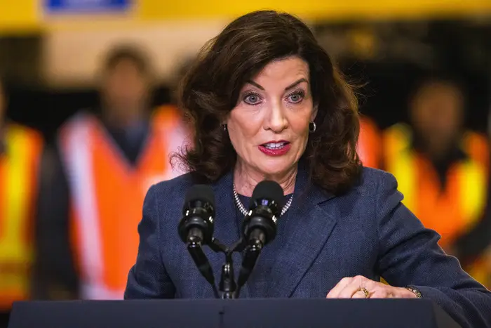 New York Gov. Kathy Hochul gives a speech on the Hudson River tunnel project at the West Side Yard in New York City. Her appearance came a day after she vetoed a bill that would have changed the state's wrongful death law.